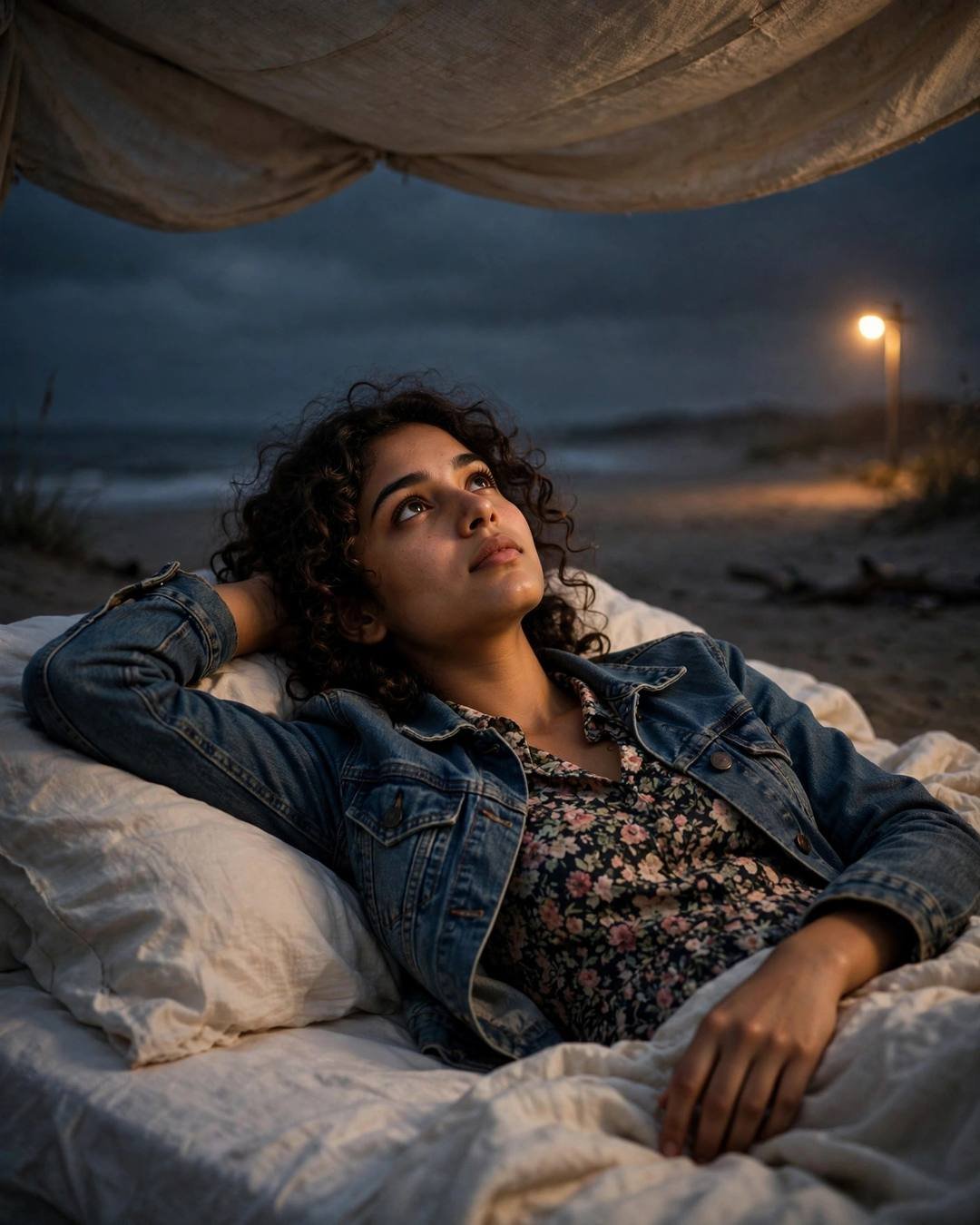 Young Indian woman in denim jacket over floral dress reclining on a bed on a deserted beach at night, sodium lamp glowing
