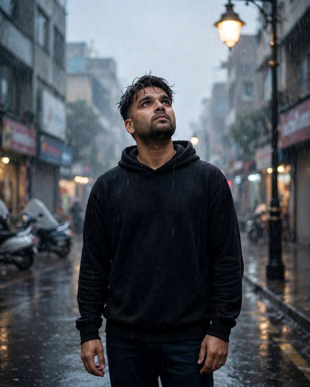 Man in black hoodie standing under a streetlamp in the rain on a city street at dawn, face lifted to the sky