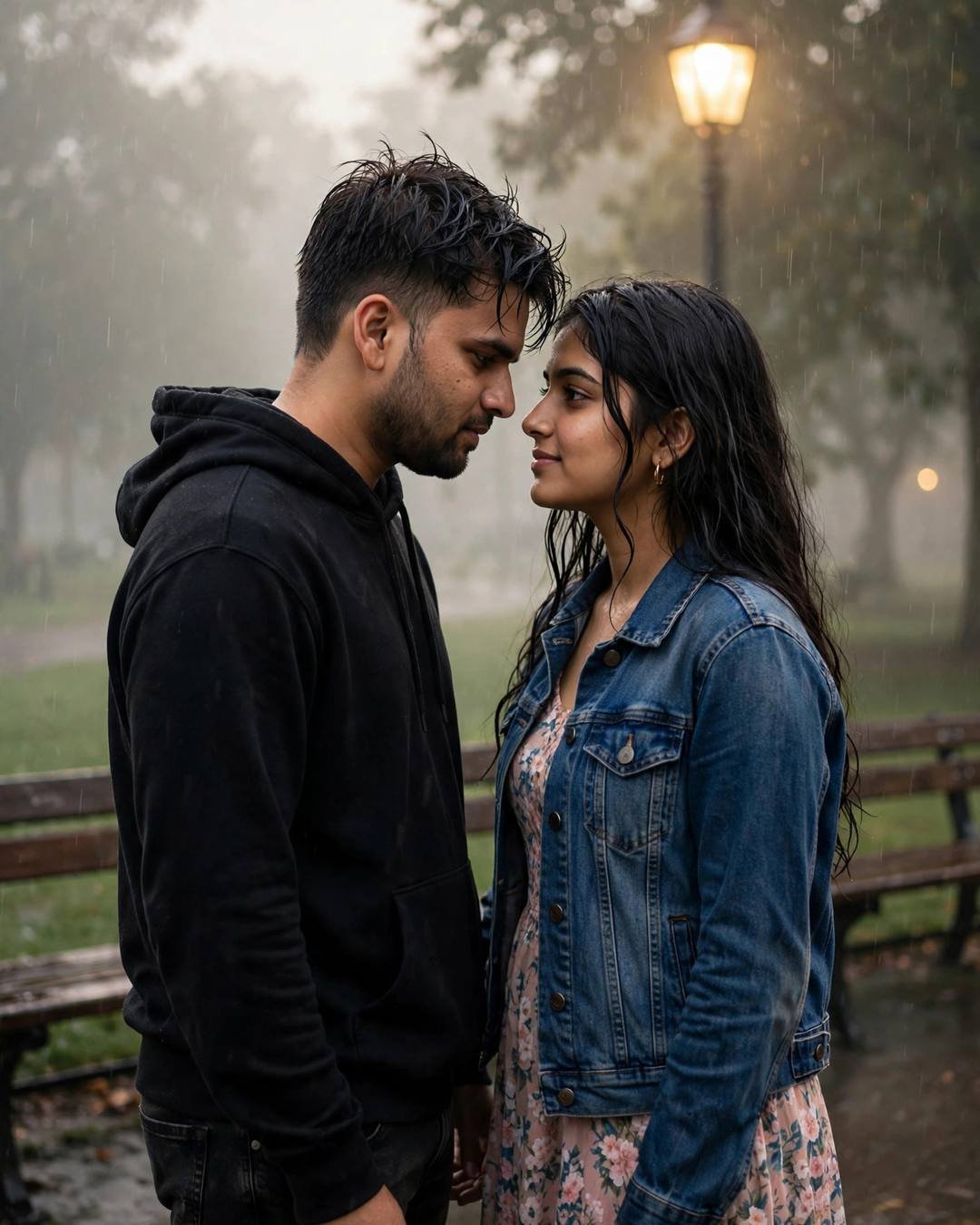 Couple standing face to face with foreheads almost touching under a glowing park lamp in light rain and fog, man in black hoodie, woman in denim jacket over floral dress