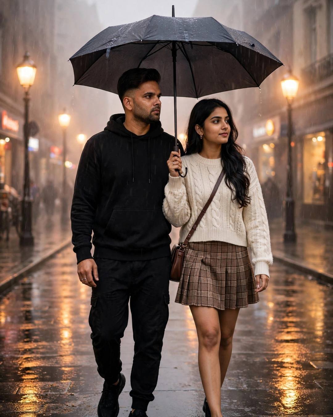 Couple walking side by side under one black umbrella on a rain-soaked city street at dusk, man in all-black streetwear, woman in cream knit top and plaid skirt