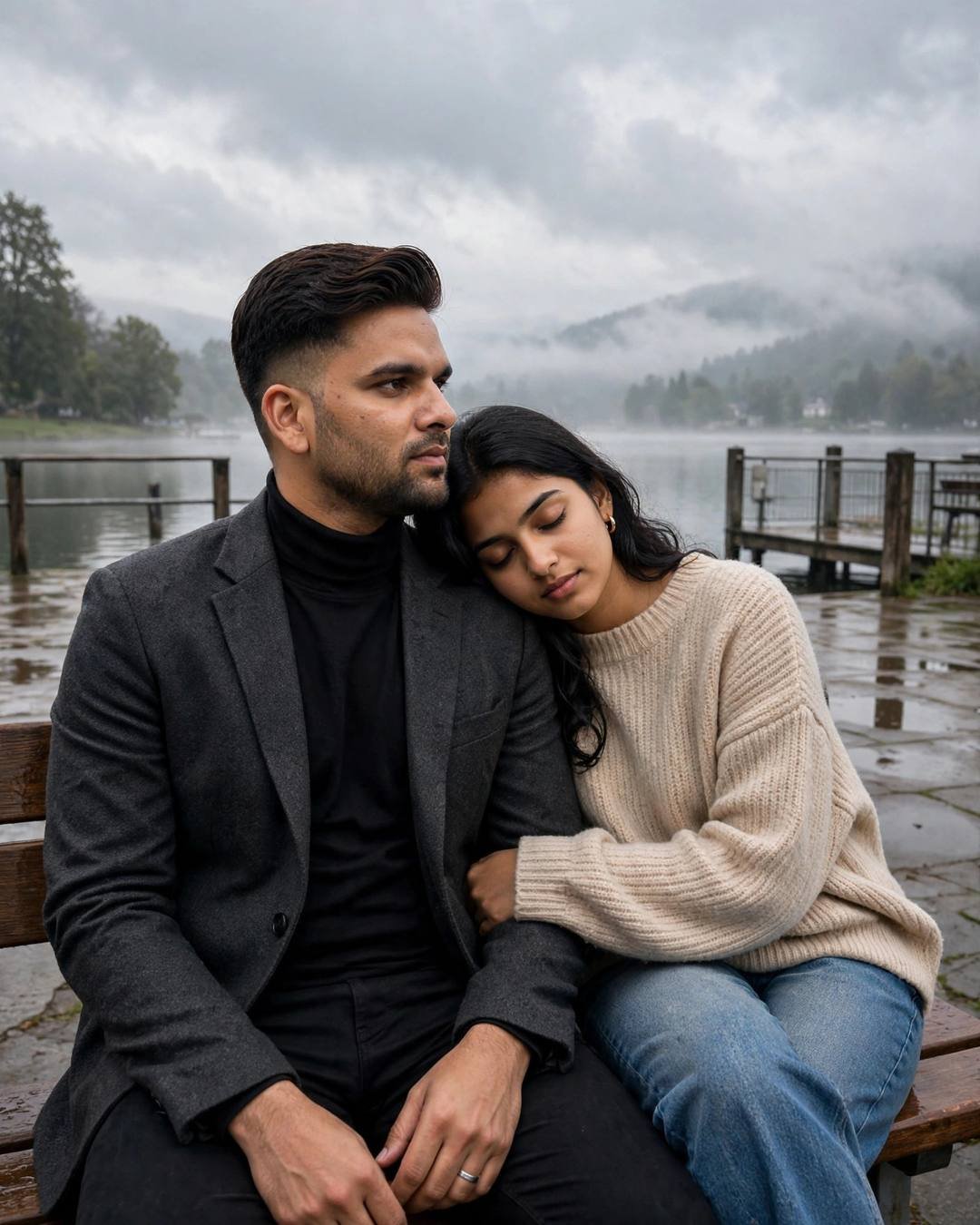 Couple sitting close on a bench at a quiet misty lake pier, her head resting on his shoulder, man in charcoal blazer and black turtleneck, woman in oversized beige sweater and jeans