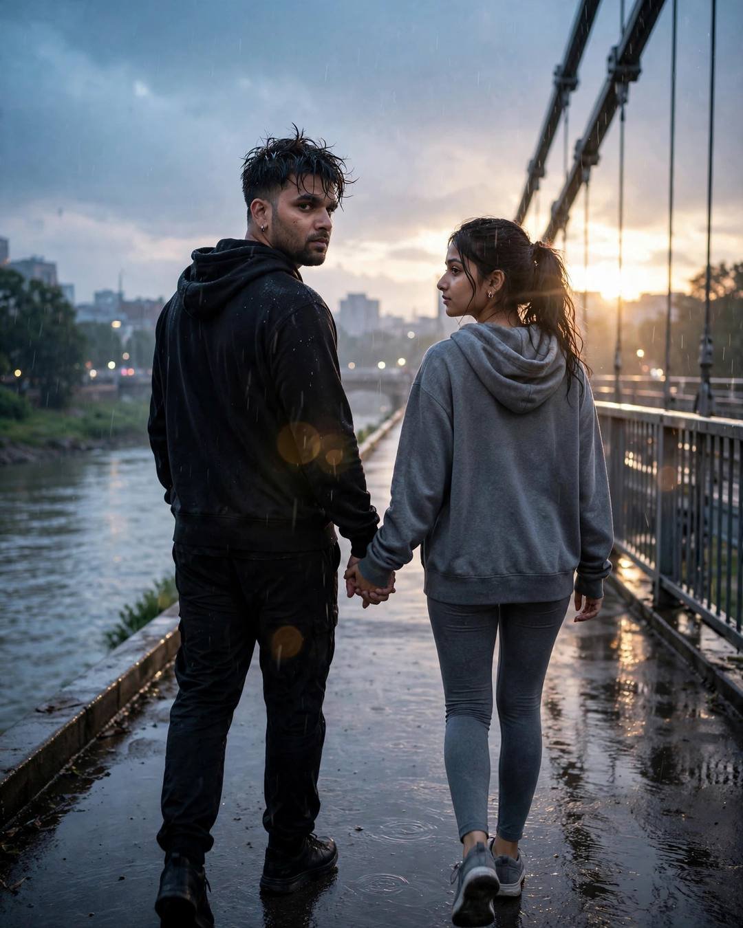 Couple walking hand in hand away from the camera across a bridge over a slow river in light rain at blue hour, man in all-black streetwear, woman in grey hoodie and leggings