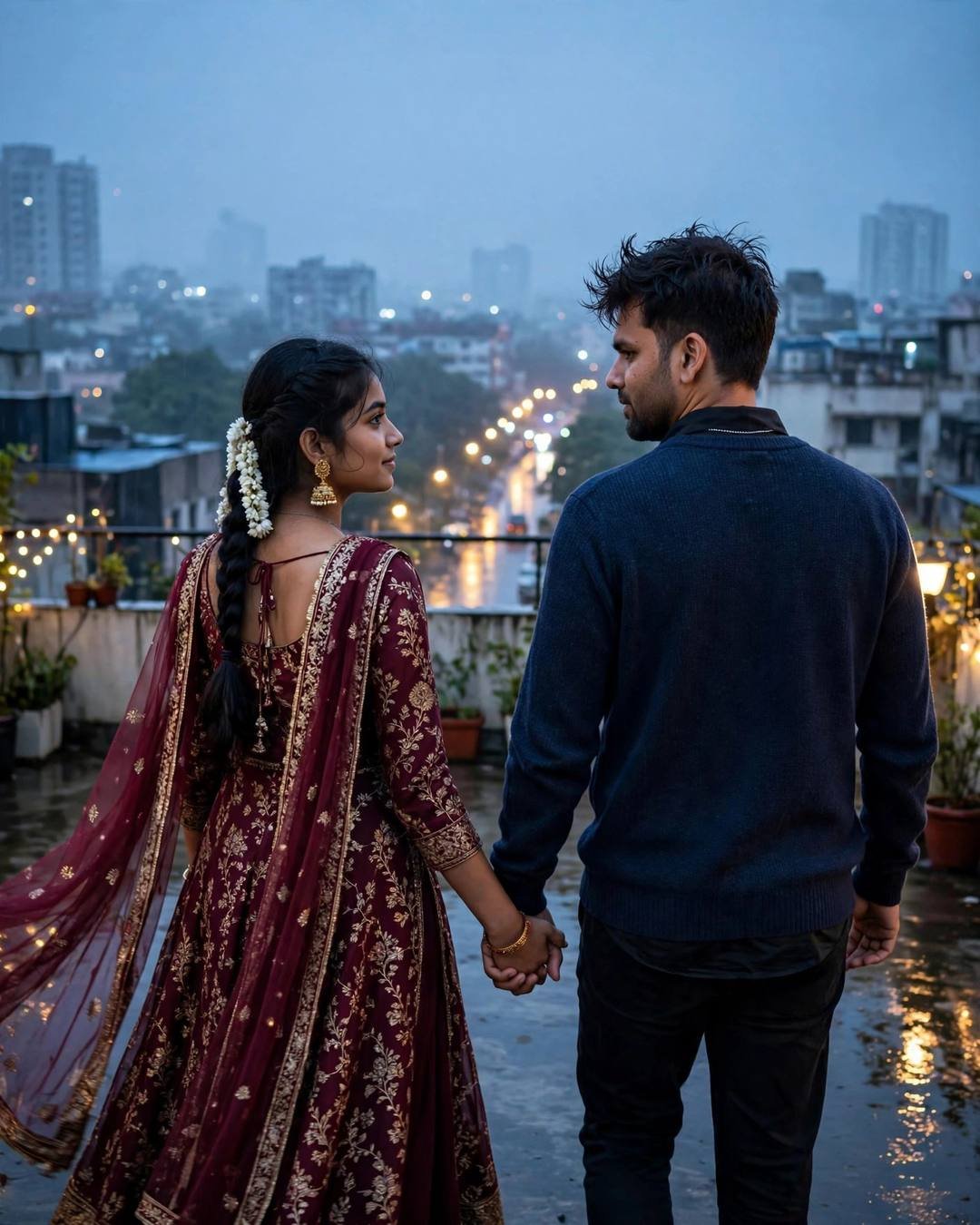 Couple walking hand in hand away from camera on a rooftop overlooking city lights at dusk