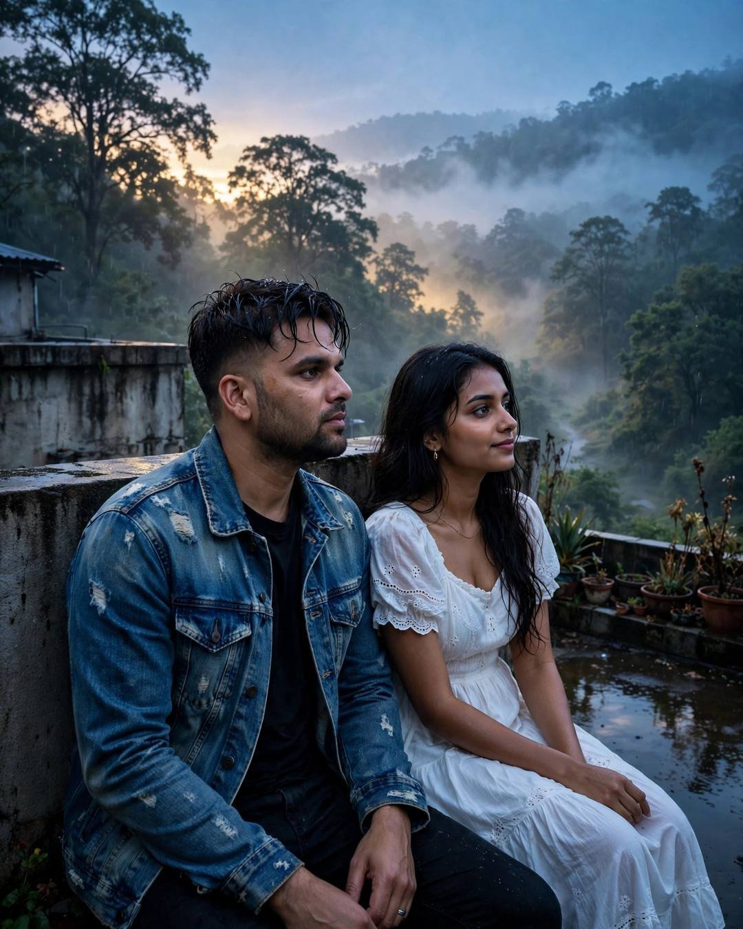 Couple sitting on a rooftop at dawn above a misty forested valley