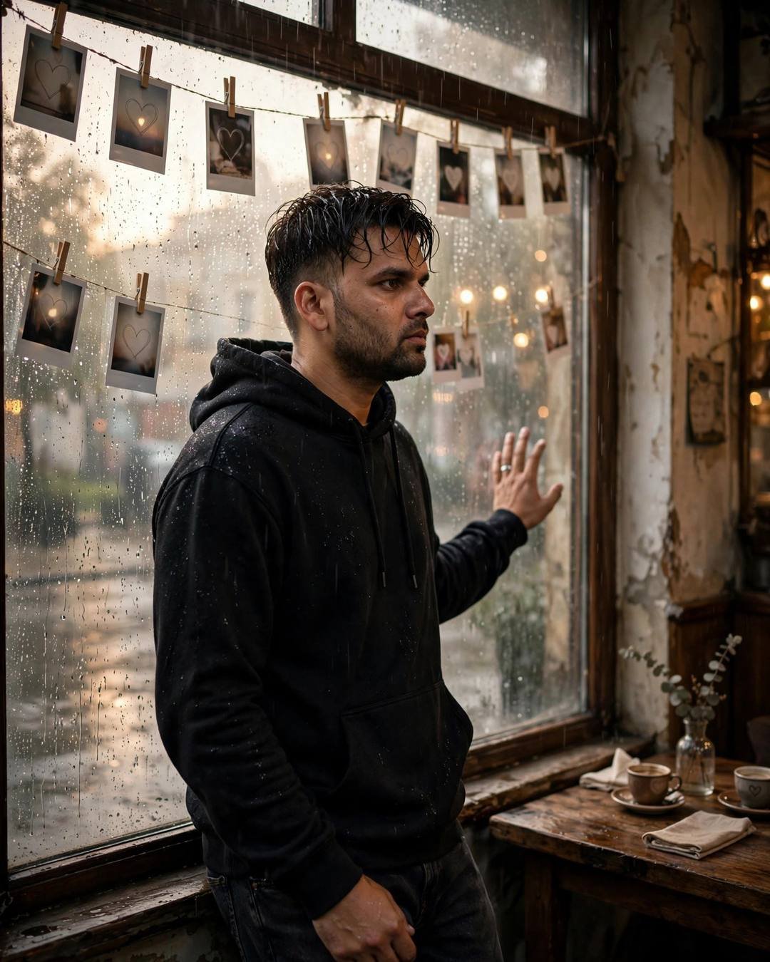Young Indian man in black oversized hoodie at a rain-streaked cafe window, hand on the glass, polaroid hearts hanging, golden-hour rain light