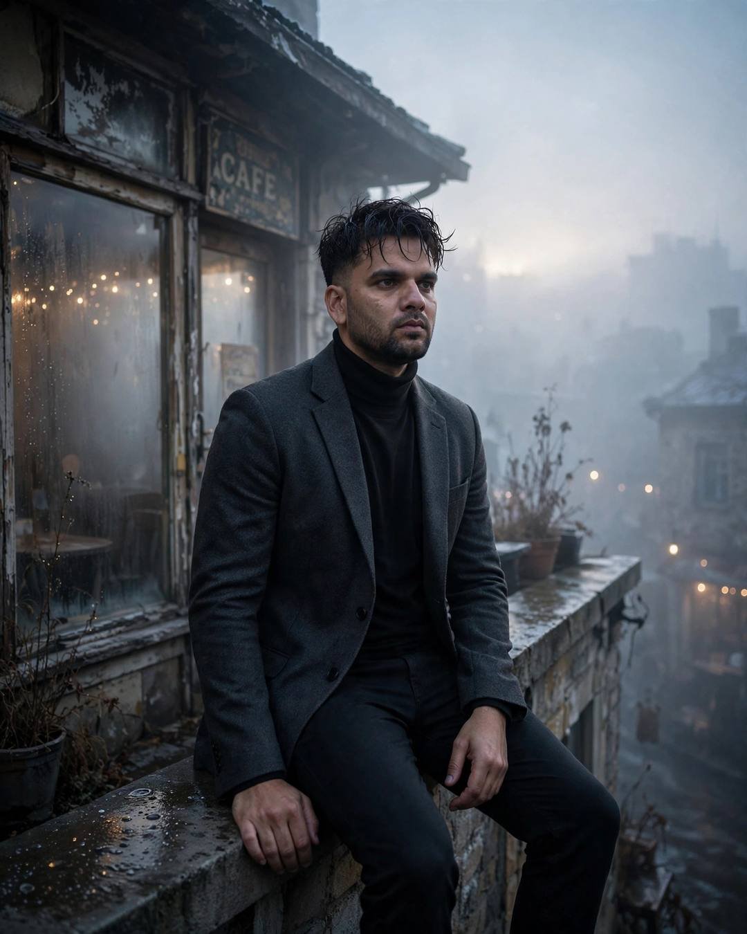 Young Indian man in charcoal blazer and black turtleneck sitting on a foggy rooftop ledge at dawn