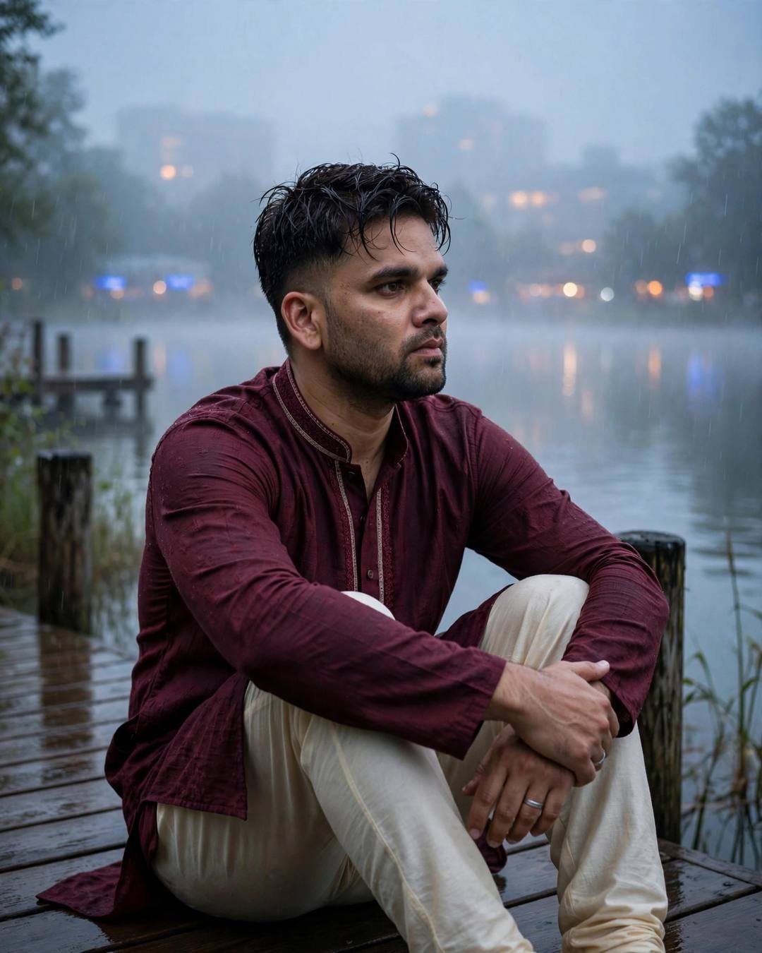 Young Indian man in rain-wet maroon kurta sitting with knees drawn up on a misty lake pier