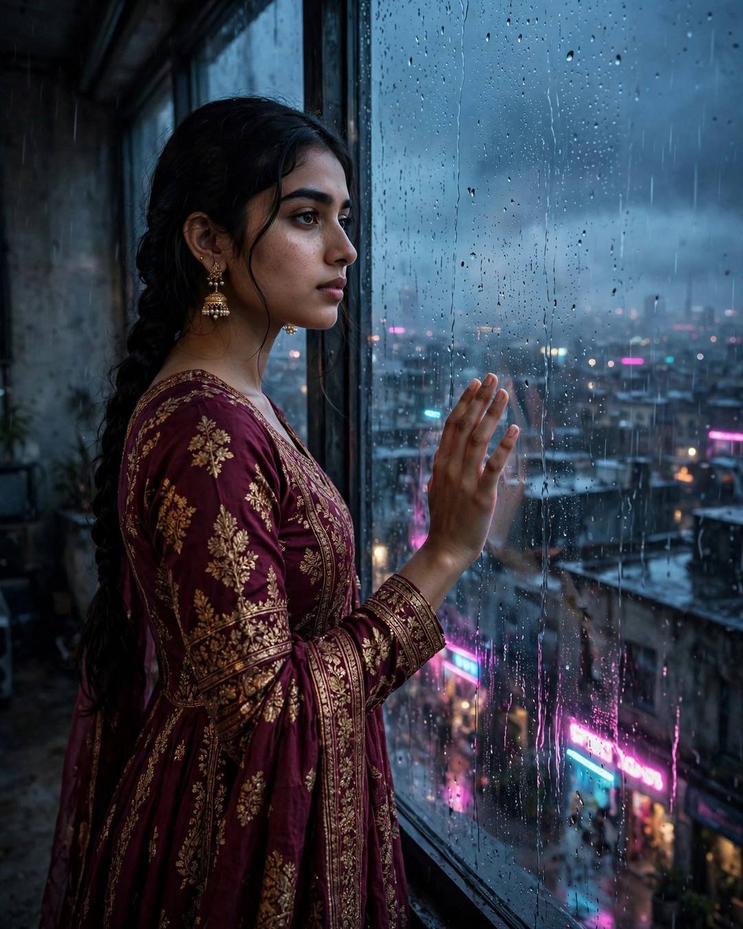 Young Indian woman in maroon anarkali with jhumkas and long braid at a rain-streaked window overlooking neon city at blue hour