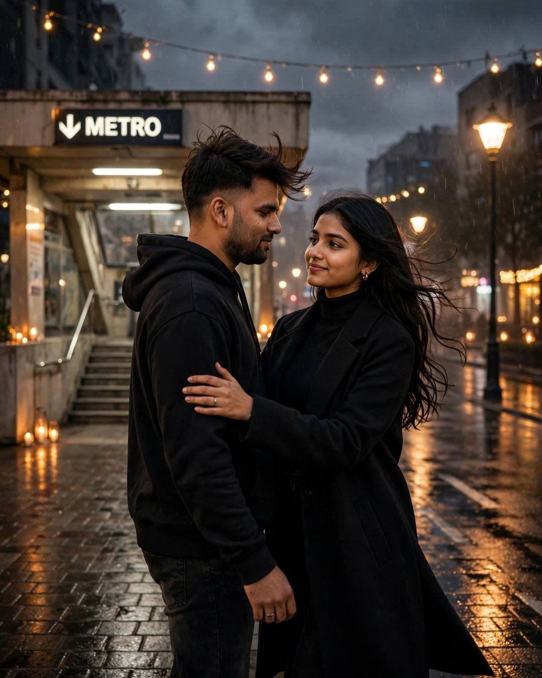 Young couple dancing slowly in the rain under string lights outside a metro entrance at night, man in black hoodie, woman in black coat