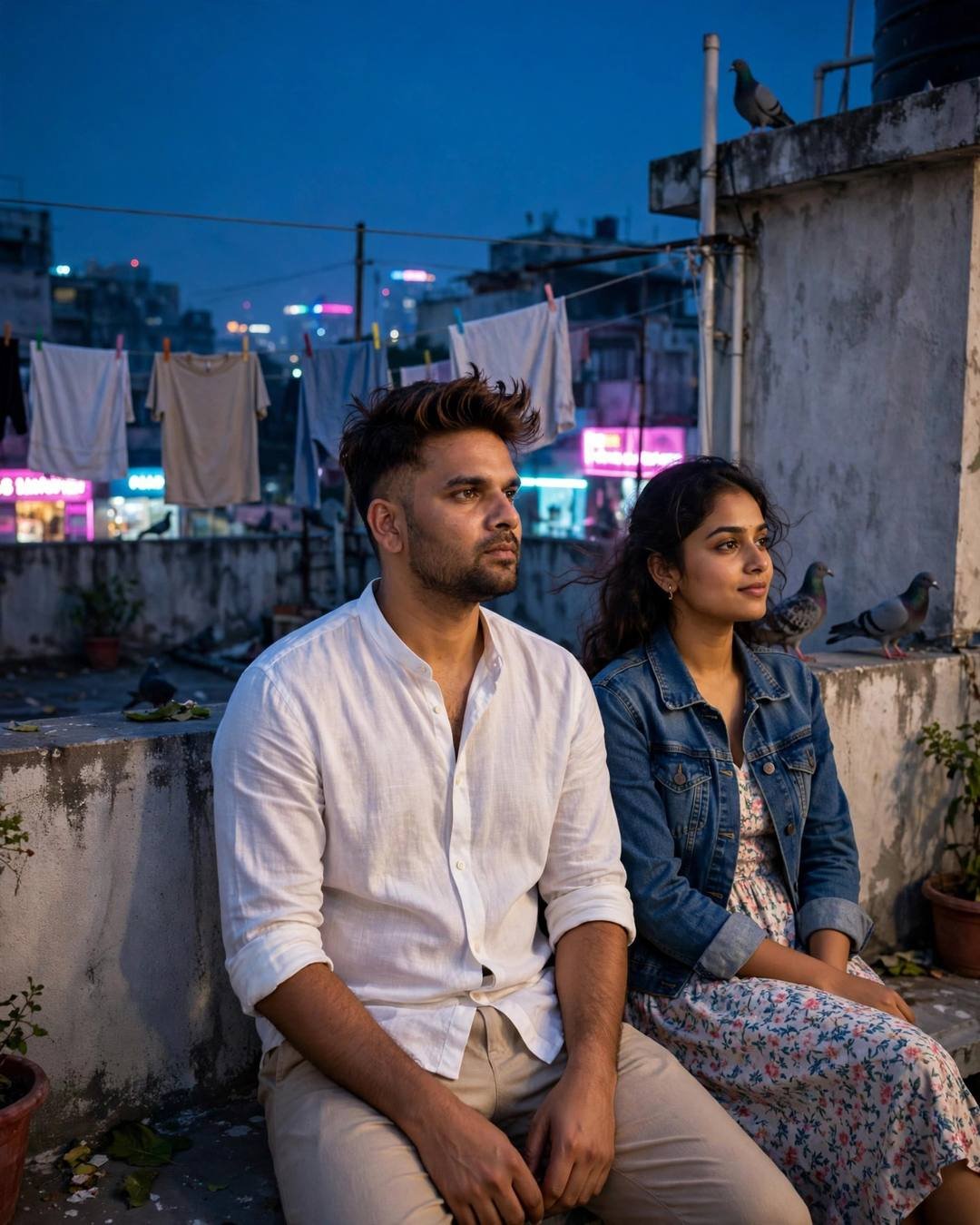 Couple sitting on a rooftop terrace at blue hour with neon city glow