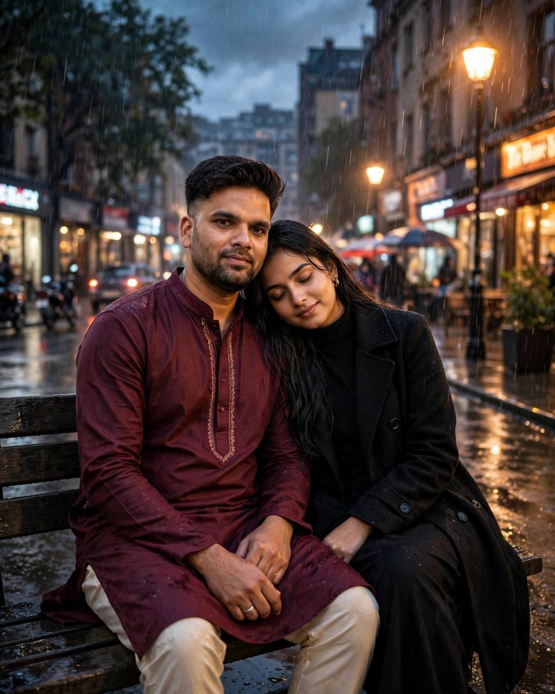 Couple on a bench under fireworks on a rainy city street at night