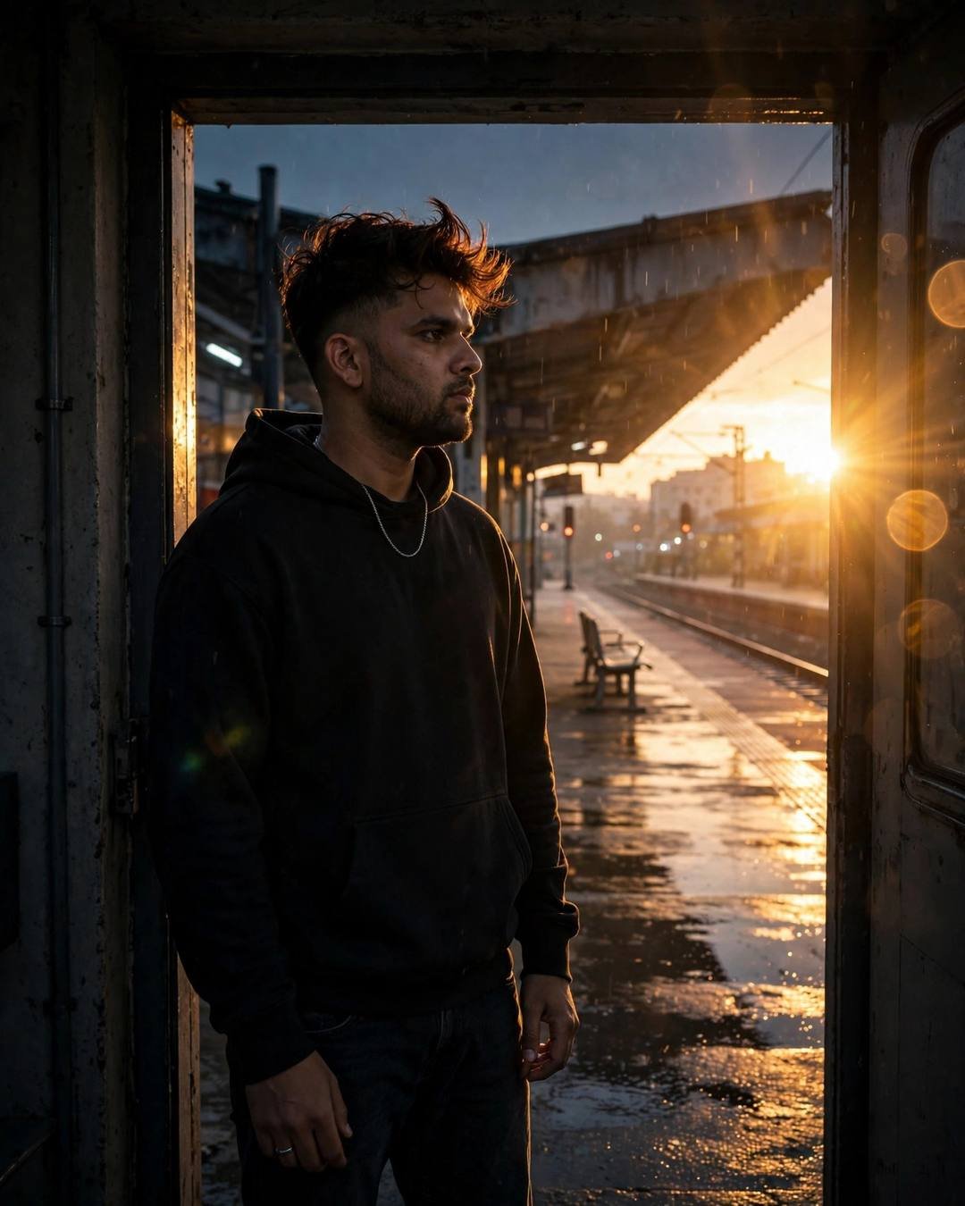 AI-generated cinematic portrait — saving the bus seat beside him, hoping, 4:5 photography