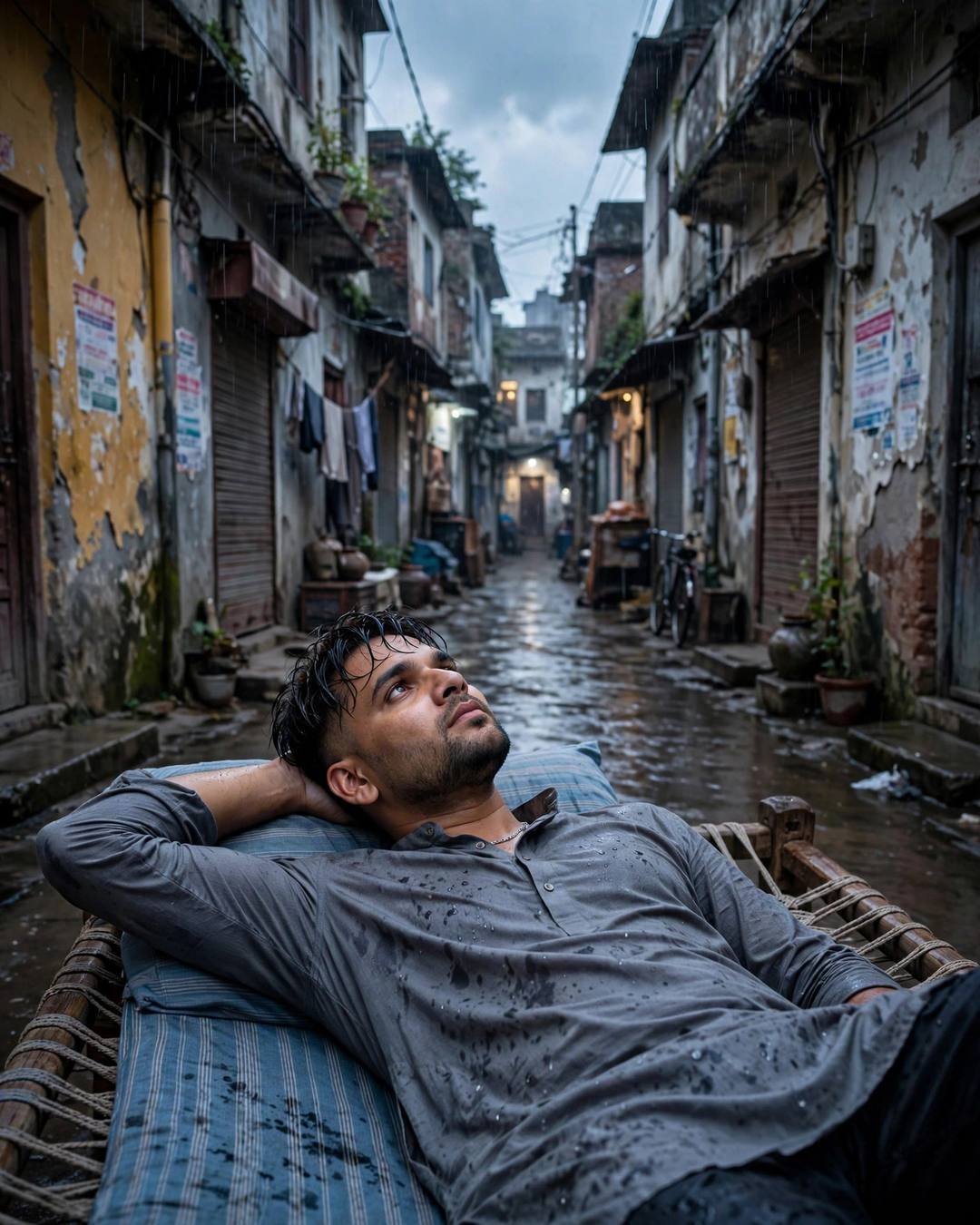 Young Indian man in grey kurta lying on a charpai in a rain-soaked narrow old-city lane, gazing up at the cloudy sky