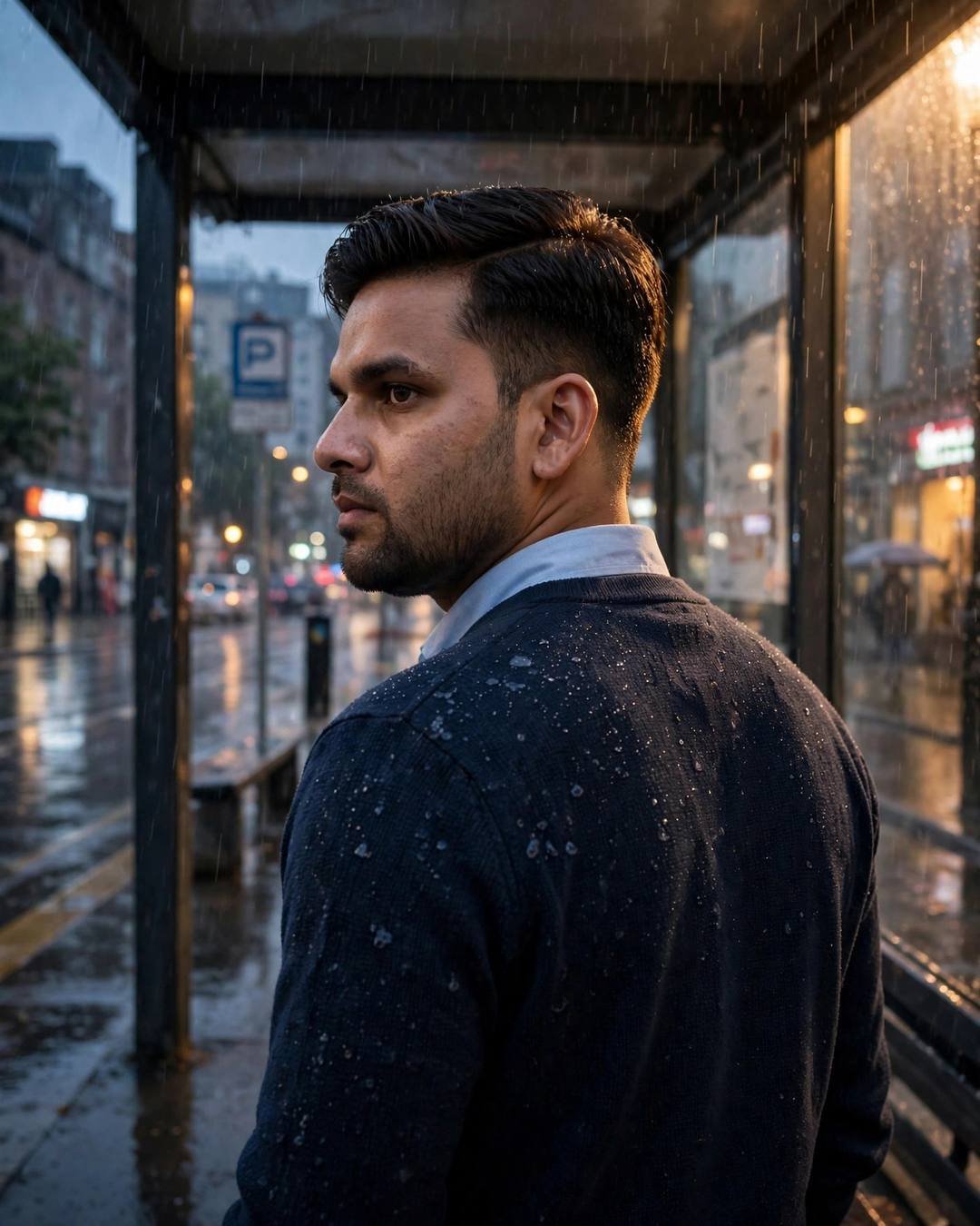 Young Indian man in navy sweater standing at a rainy bus stop at dusk, looking back over his shoulder