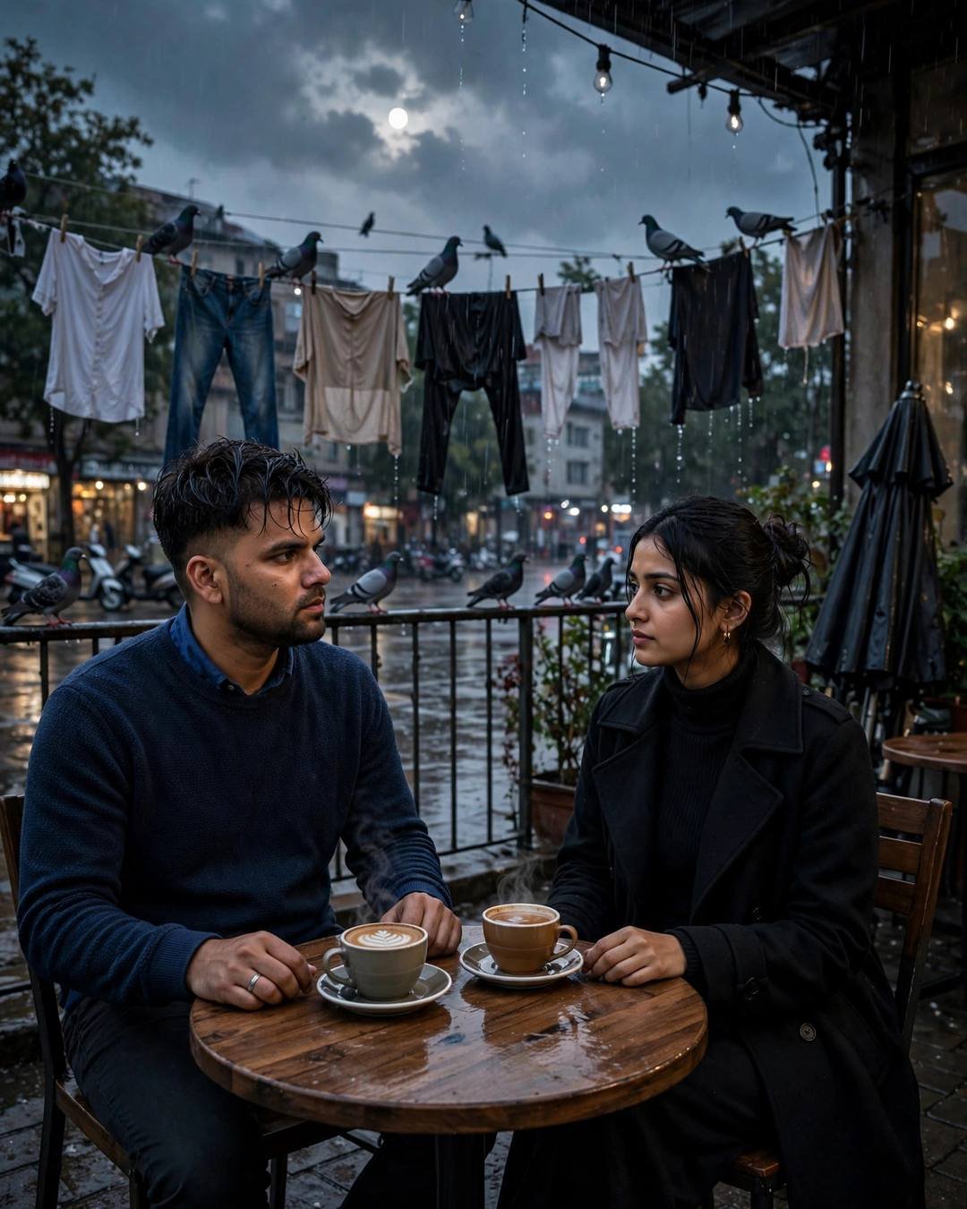 Couple at a small cafe table on a rainy terrace with clothes lines and pigeons