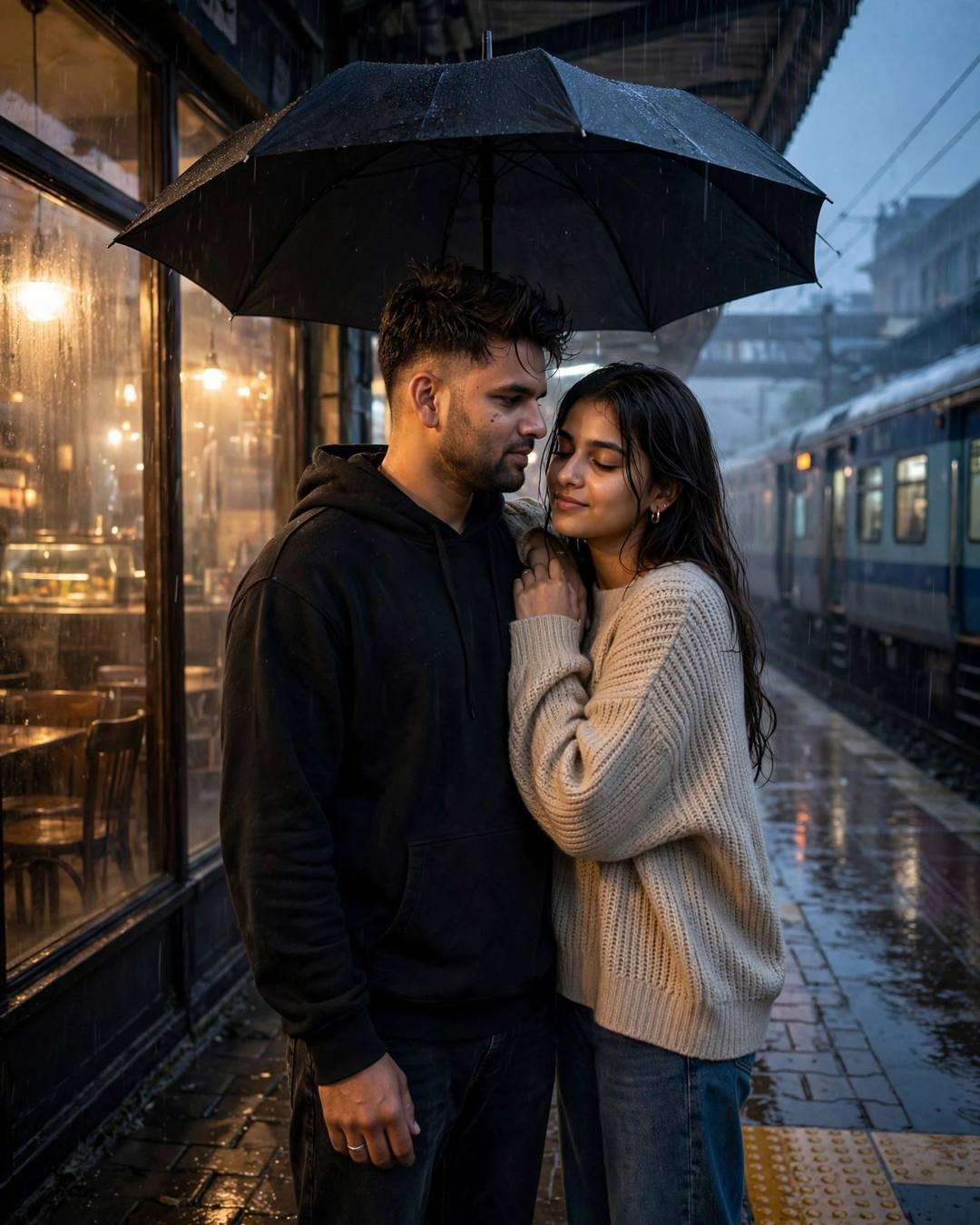 Couple embracing under a black umbrella on a rainy railway platform at blue hour