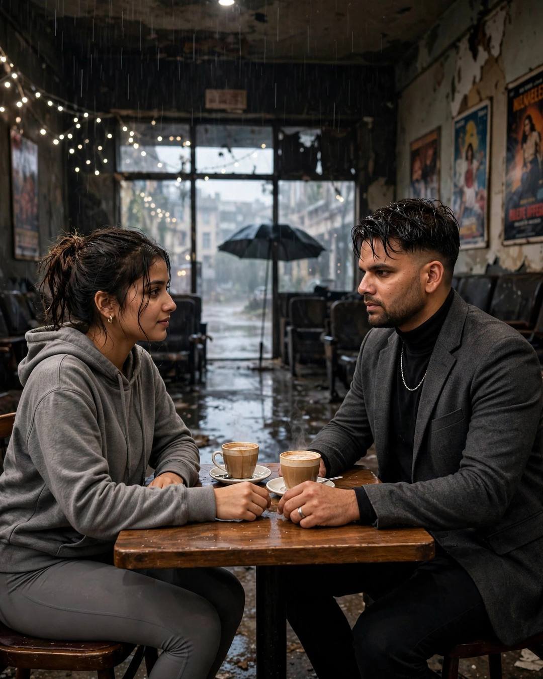 Couple with coffee at a table inside an abandoned cinema hall in the rain