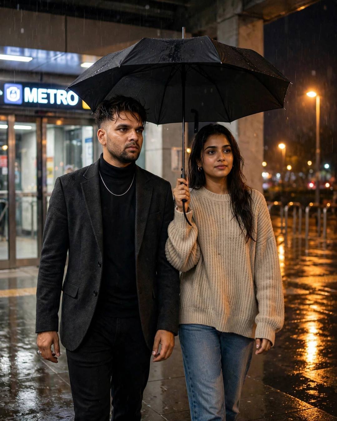 Couple walking under one umbrella outside a metro station in the rain at night