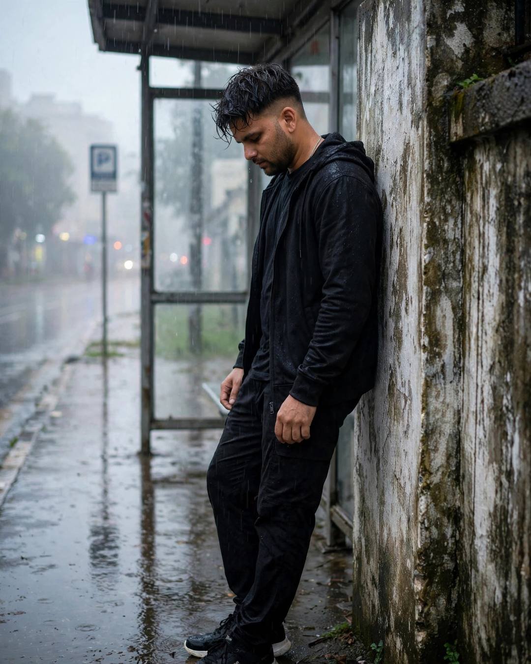 Young man in black streetwear leaning against a weathered wall at a rainy bus stop at dawn