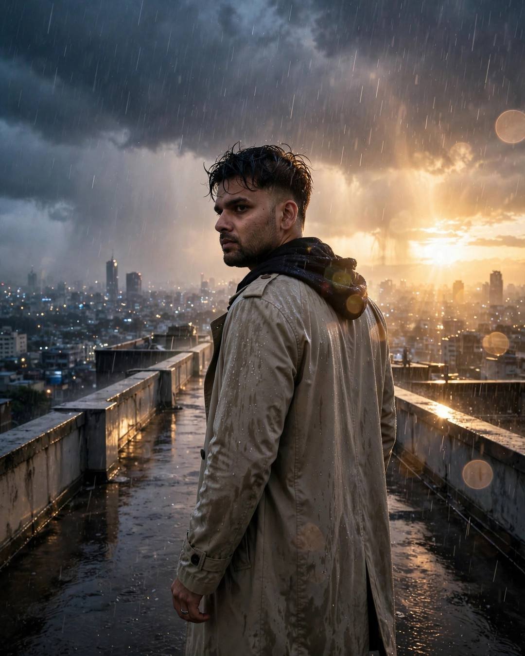 Young man in a beige trench coat on a rainy rooftop at blue hour with golden backlight