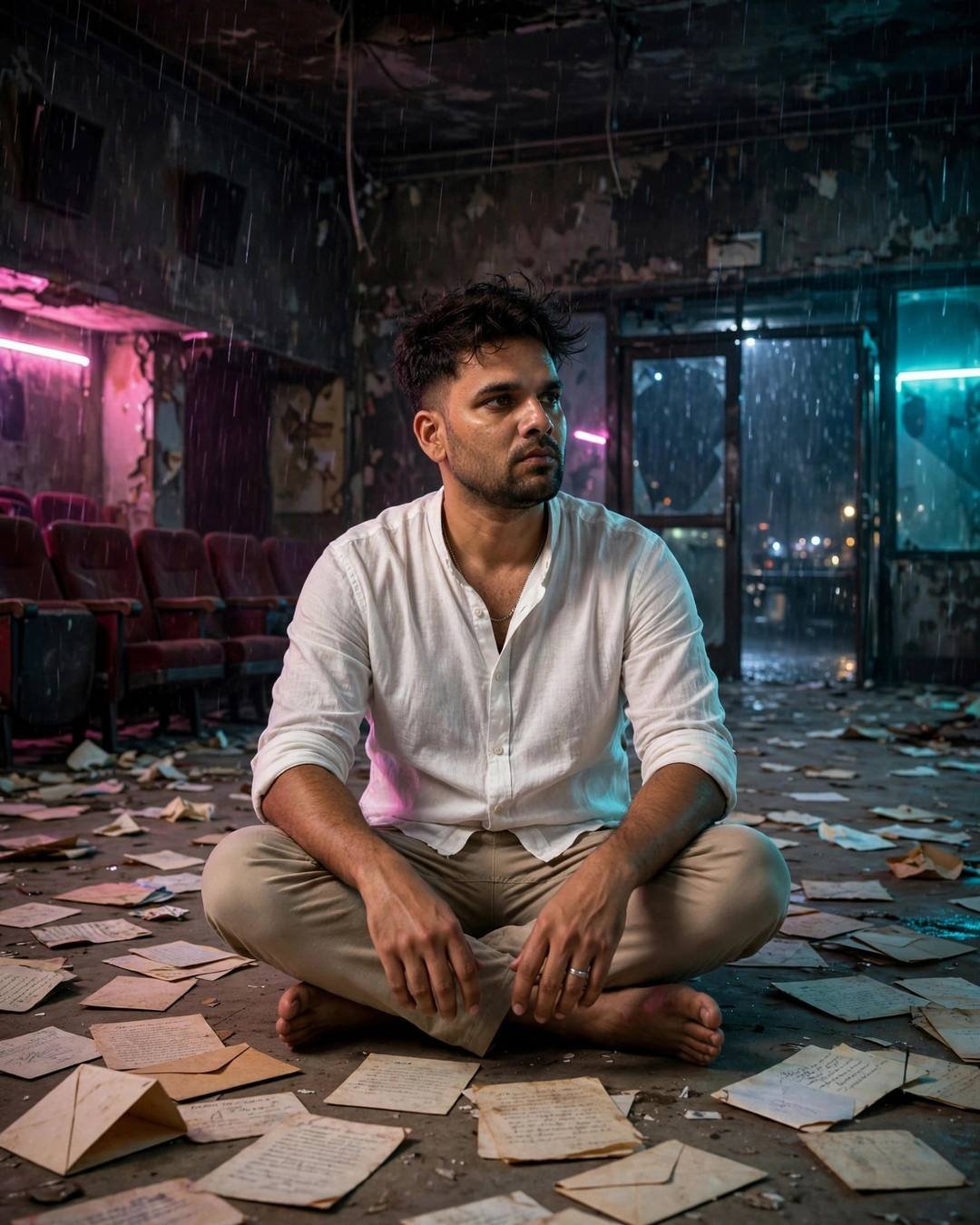 Young man sitting cross-legged among old letters in an abandoned cinema hall in the rain