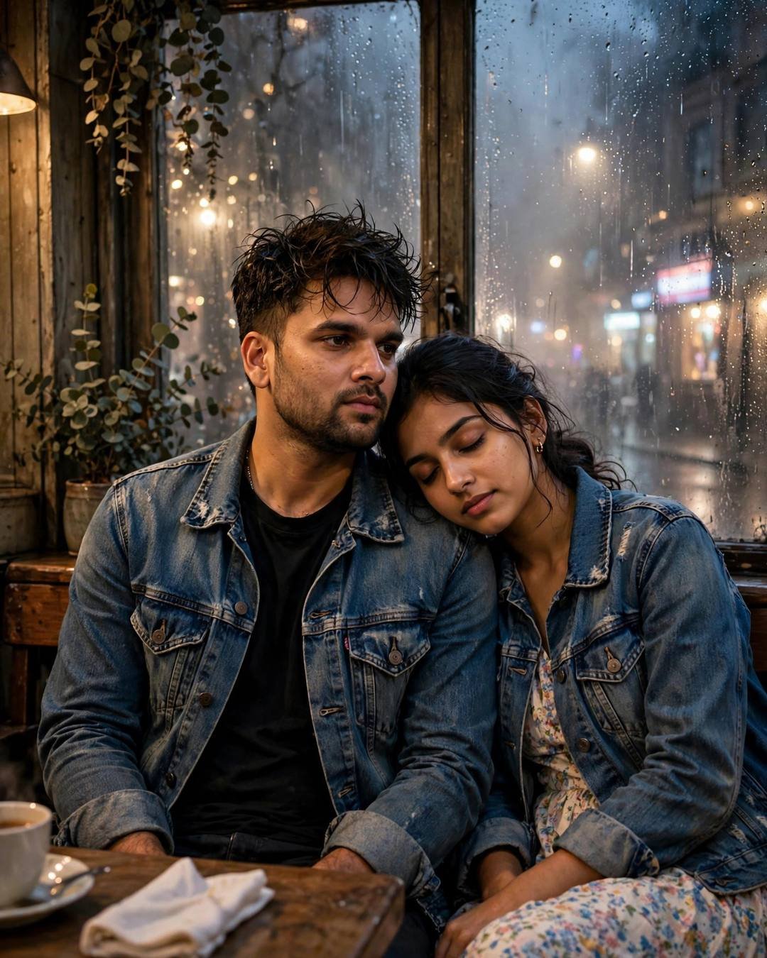 Couple sitting close on a cafe bench, her head on his shoulder, fogged rain-streaked window behind