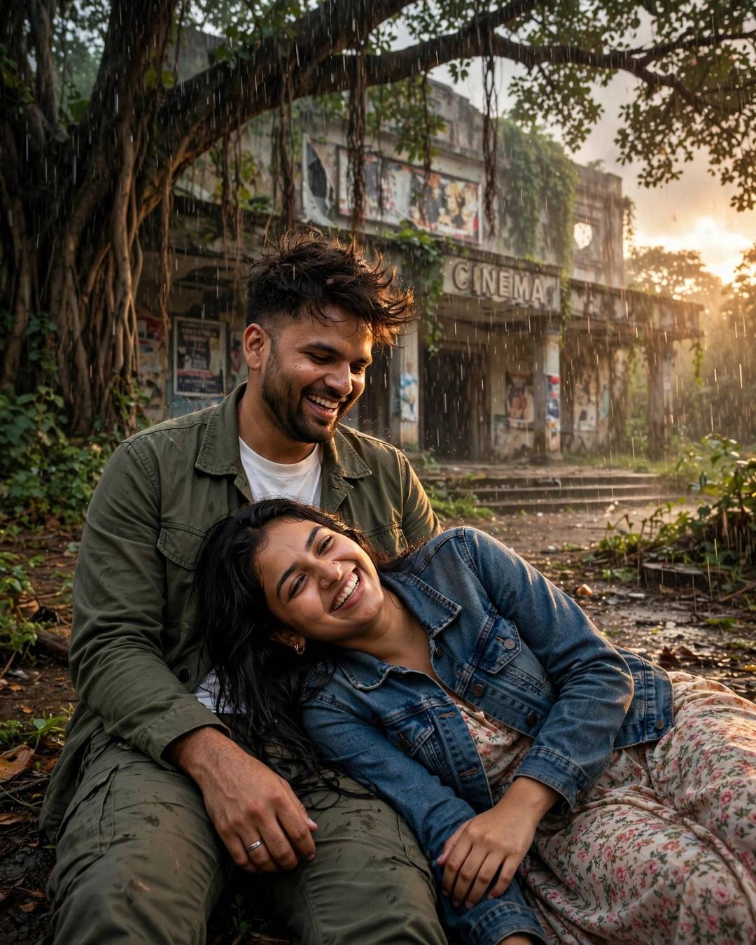 Laughing couple under a tree in monsoon rain at an abandoned cinema hall at golden hour