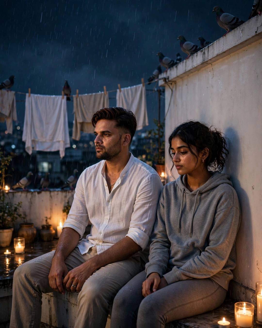 Couple sitting together on a rainy rooftop terrace at midnight surrounded by candles