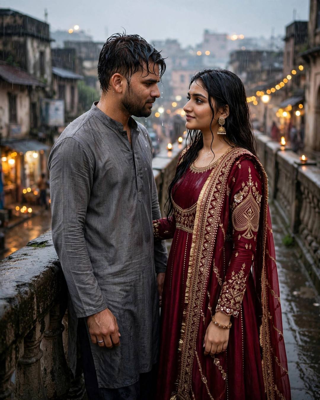 Couple in traditional wear facing each other on a rain-soaked bridge, old-city lane glowing behind them