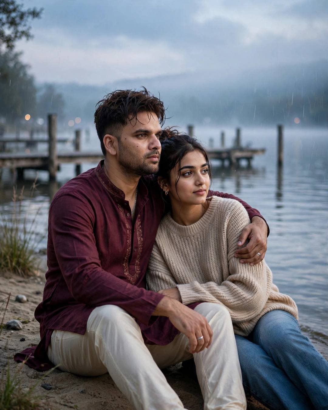 AI-generated cinematic portrait — foreheads touching as the sun sets behind, 4:5 photography