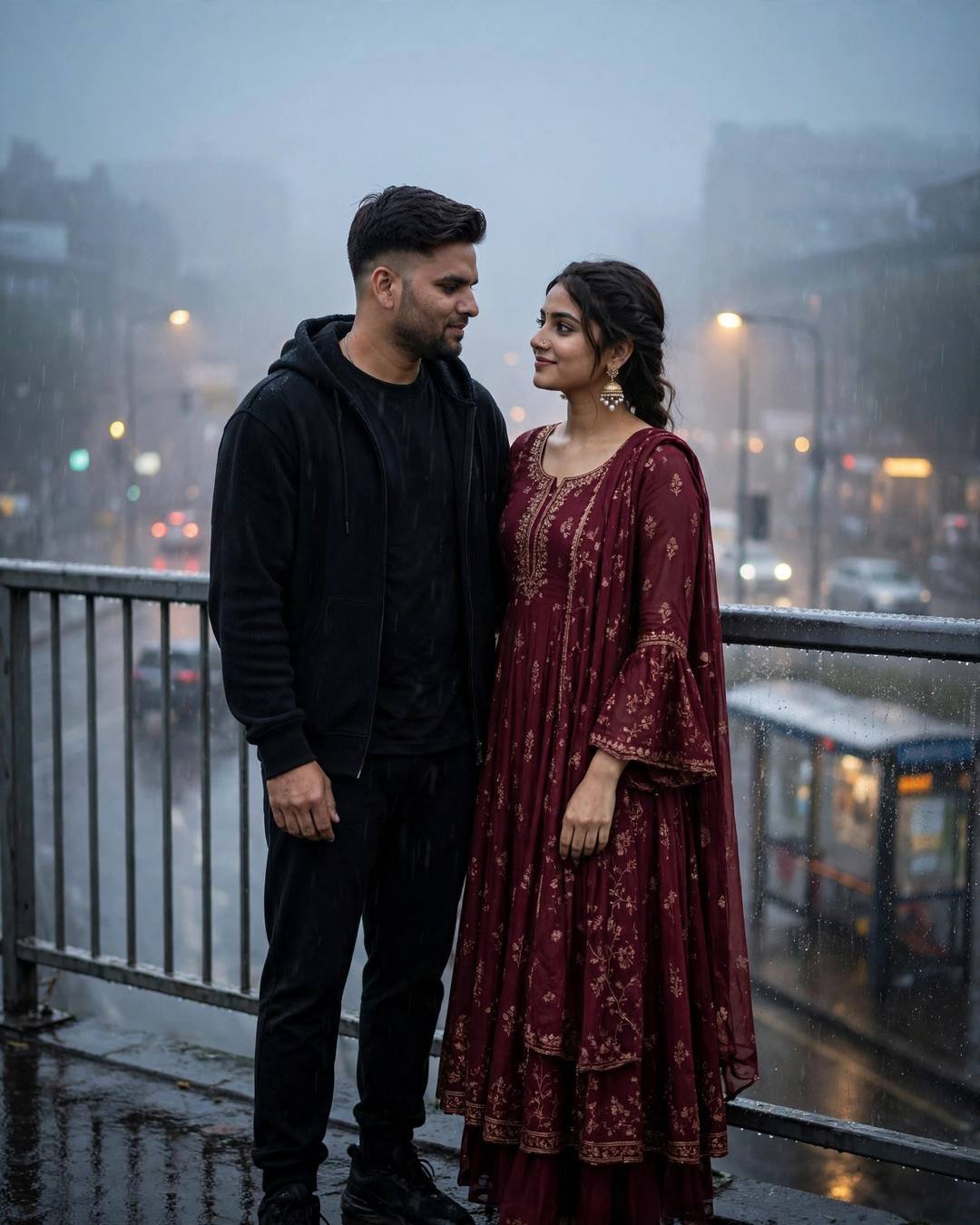 Young couple facing each other on a foggy bridge at dawn, man in black streetwear, woman in maroon anarkali with jhumkas