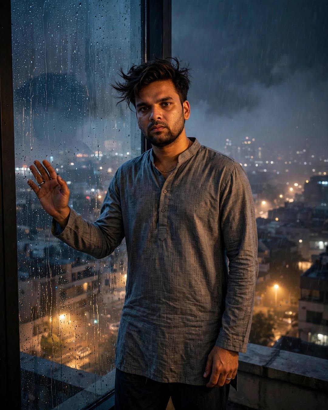 AI portrait of a young Indian man in a grey kurta standing at a rain-streaked rooftop window overlooking city lights at night