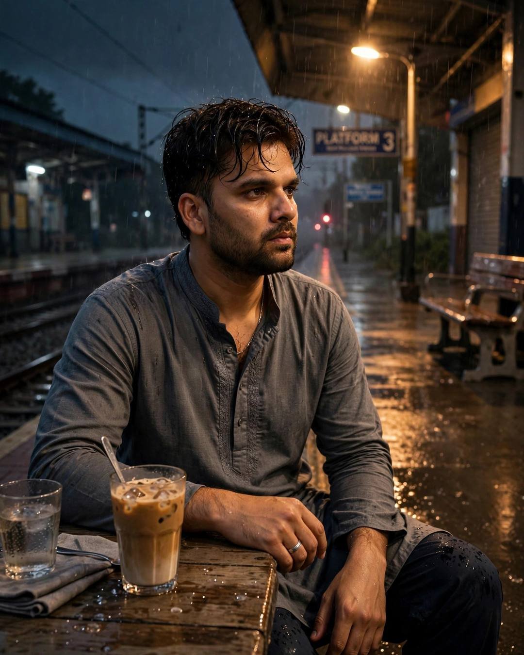 AI portrait of a young Indian man — sleeping fully clothed on a sofa, television, cinematic 4:5 photography