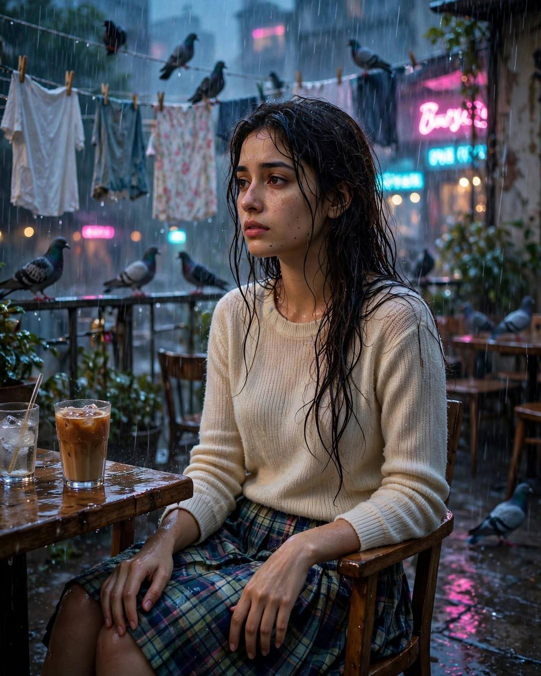 AI-generated cinematic portrait — watching distant wedding fireworks from her terrace,, 4:5 photography