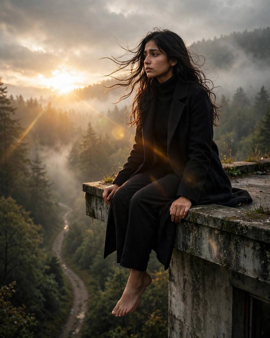 AI-generated cinematic portrait — holding a broken anklet, running her thumb, 4:5 photography