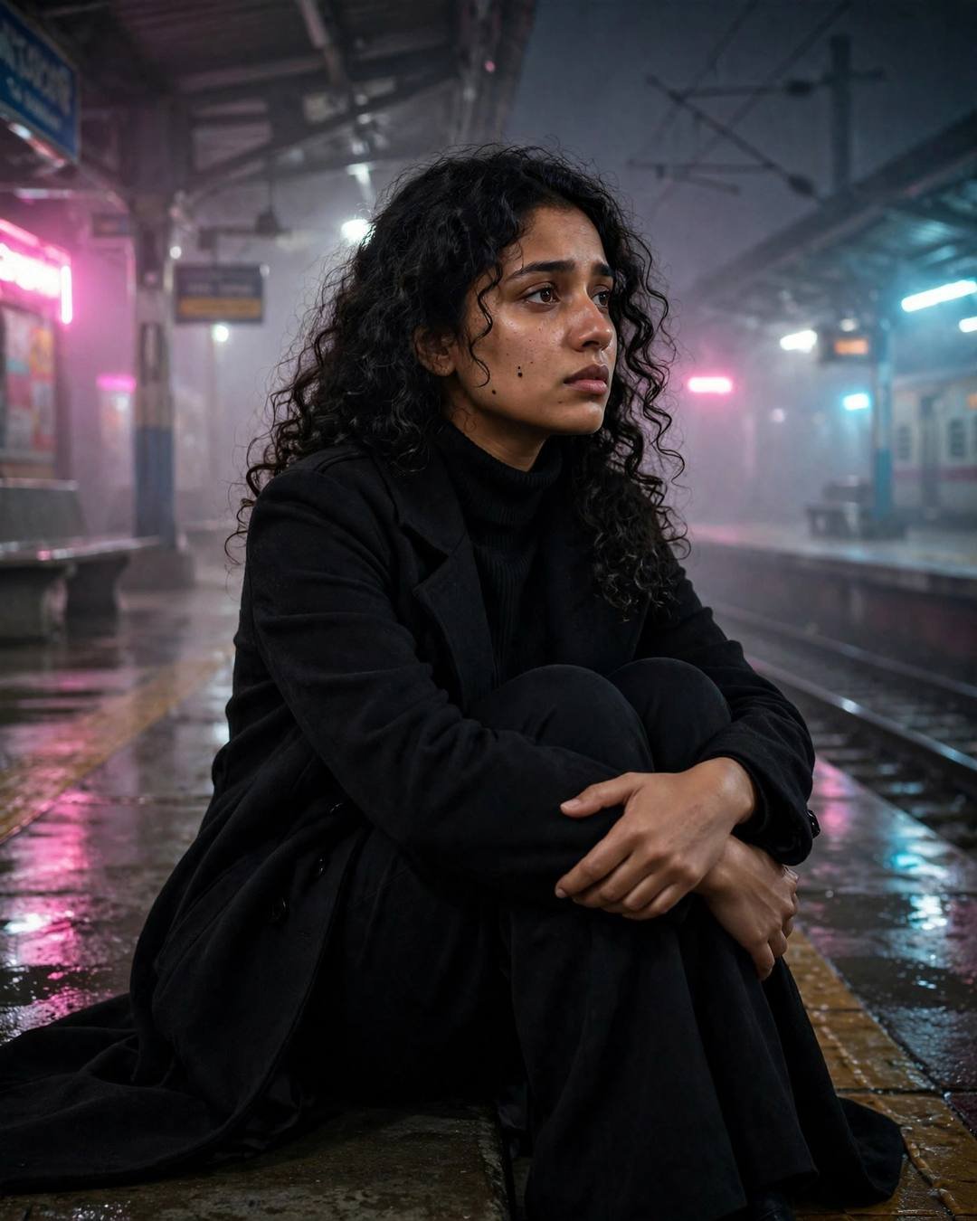 AI-generated cinematic portrait — wearing his oversized shirt, sleeves over her, 4:5 photography