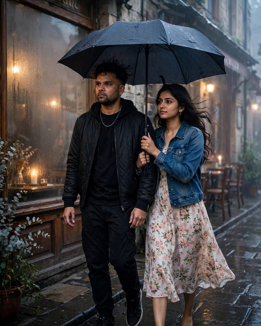 Young couple walking under one umbrella past a fogged candlelit café window at night, man in black jacket, woman in denim jacket and floral dress