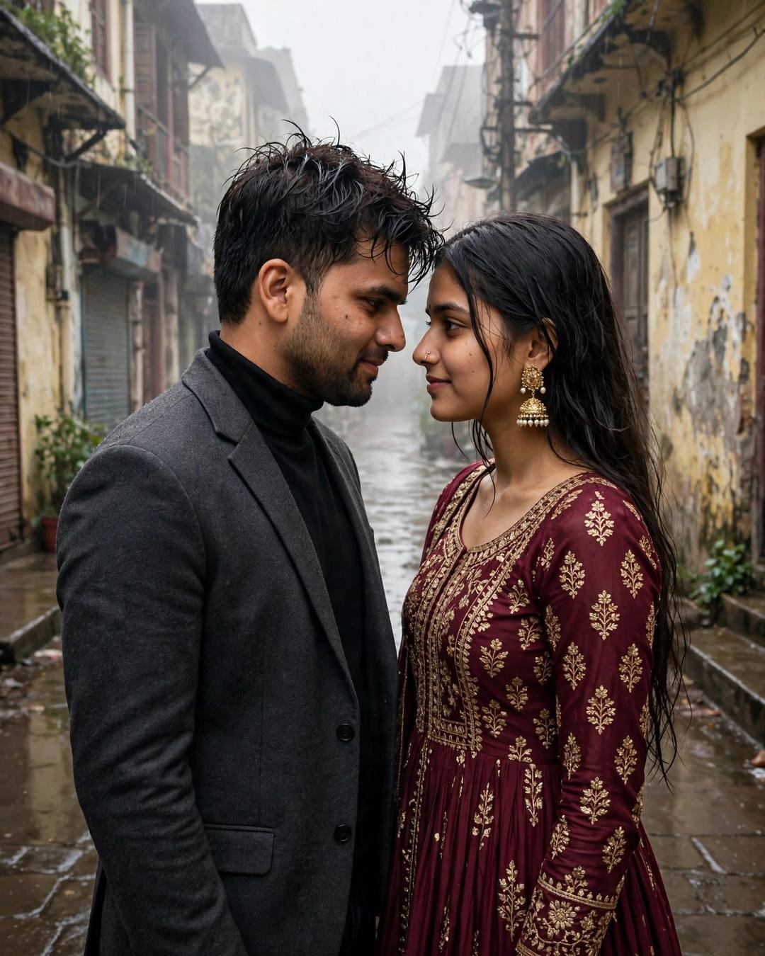 Young couple face to face with foreheads almost touching in a foggy old-city lane, man in charcoal blazer, woman in maroon anarkali with jhumkas
