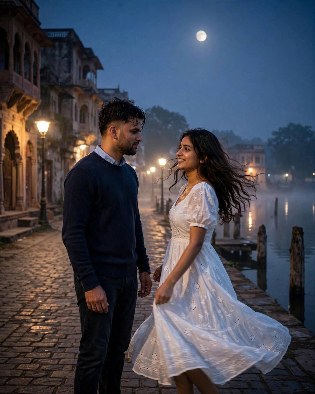 Young woman twirling in a white dress under a full moon on an old lakeside street, man in navy sweater watching, heritage buildings and lake beyond