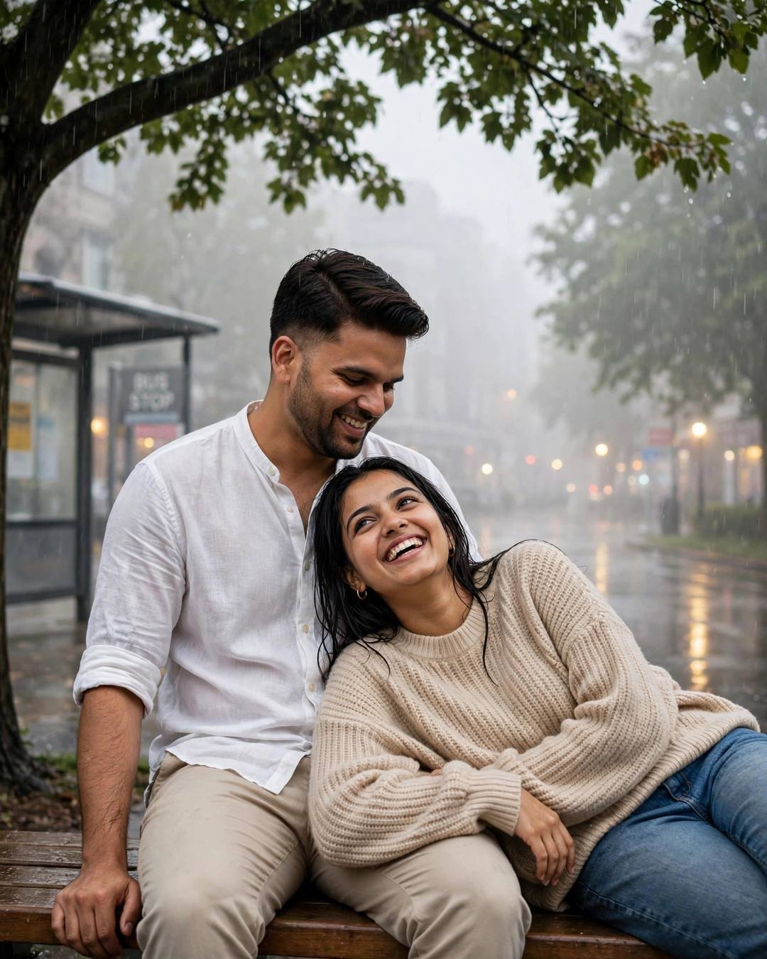 Couple laughing together under a tree at a rainy bus stop, man in white linen shirt and beige trousers, woman in beige sweater with head in his lap