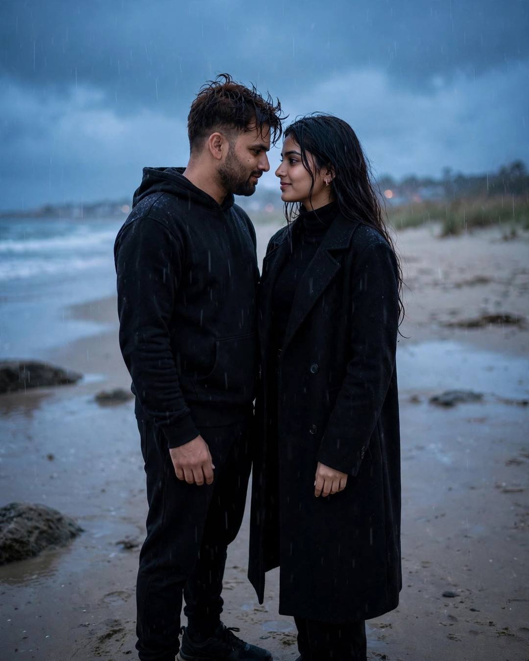 Couple standing face to face on a deserted beach at dusk, man in black streetwear, woman in black turtleneck and long coat, rain falling