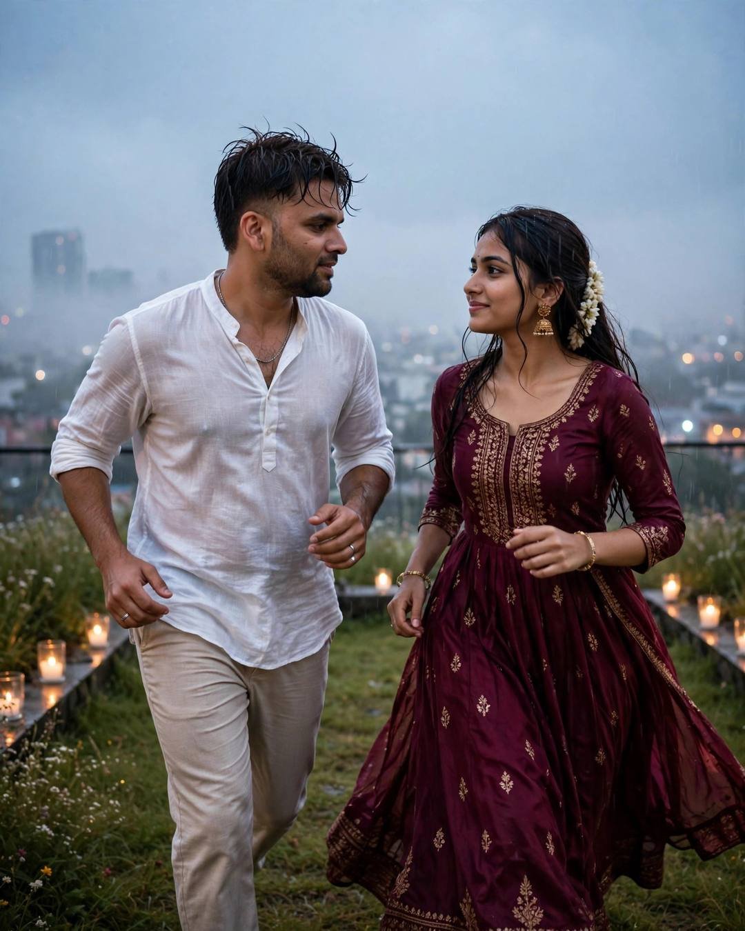 Couple running toward each other on a rainy rooftop at dawn, man in white linen shirt, woman in maroon anarkali with jhumkas, candles and city lights
