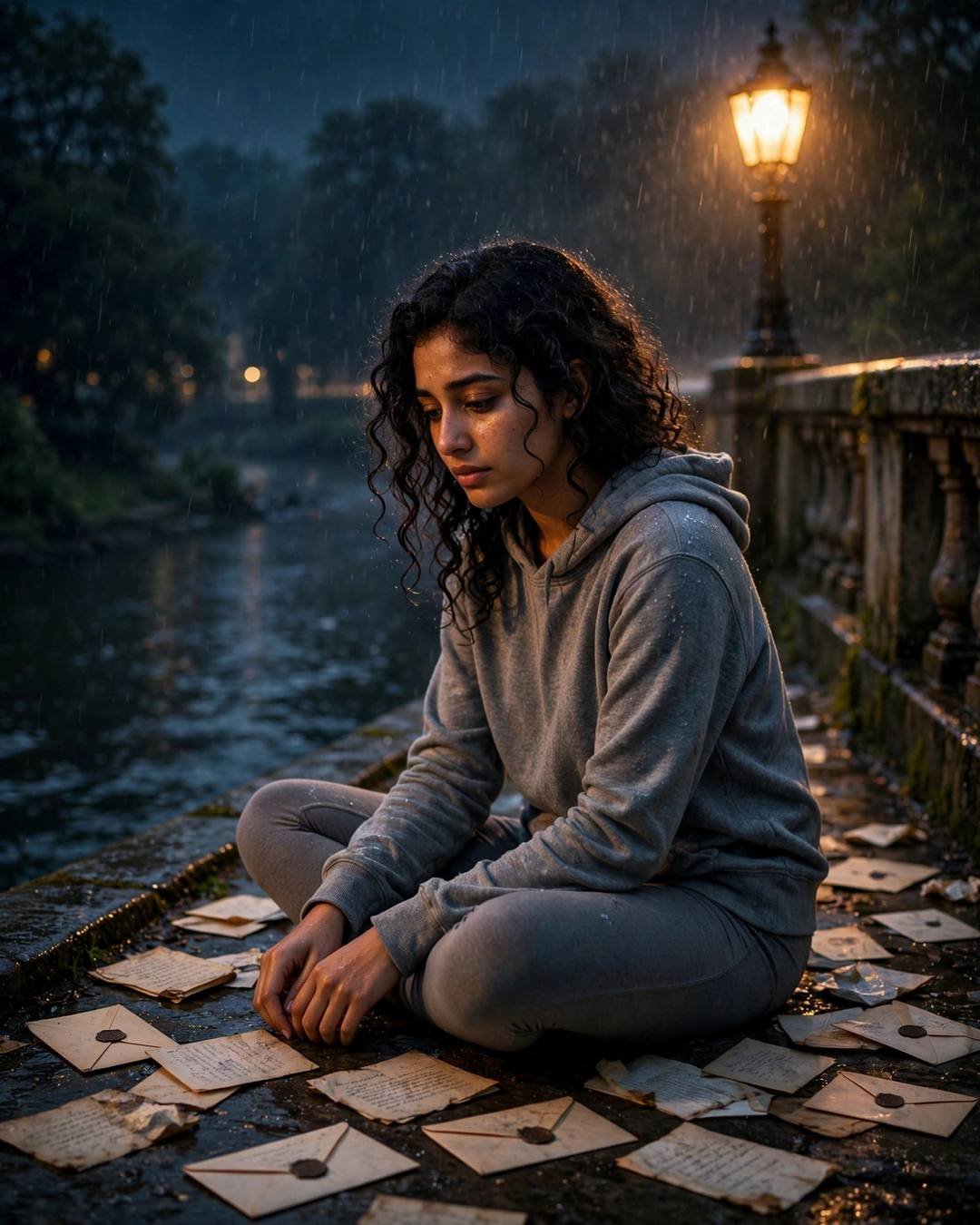 Young Indian woman in grey hoodie sitting cross-legged among old letters on a rainy bridge at midnight