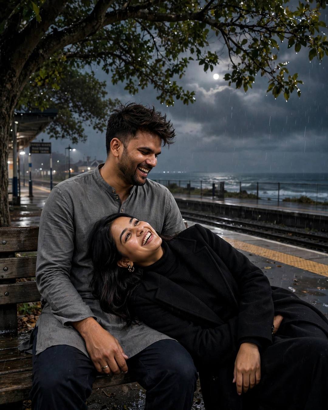 Young couple laughing together on a wooden bench under a tree at night, her head resting in his lap, on an empty rain-soaked railway platform beside the sea