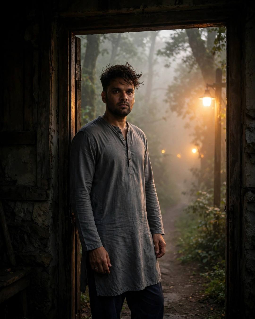 Young Indian man in a grey kurta standing in a stone doorway half in shadow, a fog-bound forest path with lanterns glowing behind him