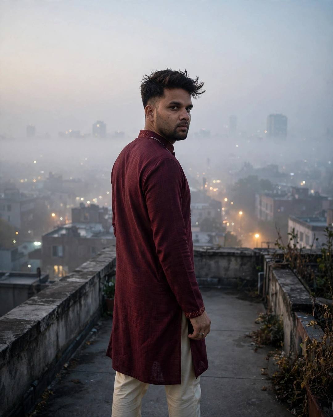 Young Indian man in a maroon kurta with cream churidar looking back over his shoulder on a foggy rooftop above a sleeping city