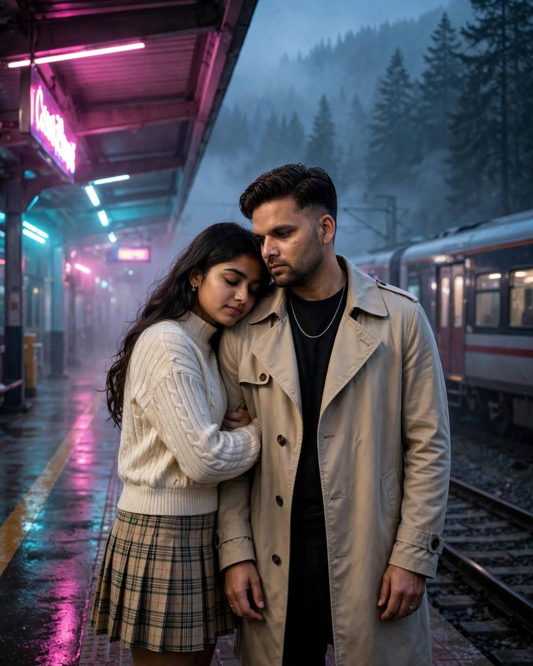 Couple embracing on a neon-lit railway platform at night, train waiting