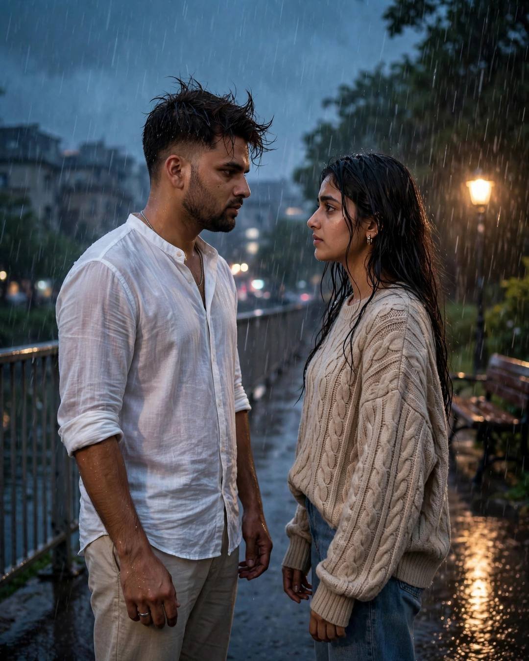 Couple facing each other in heavy rain on a city bridge at blue hour