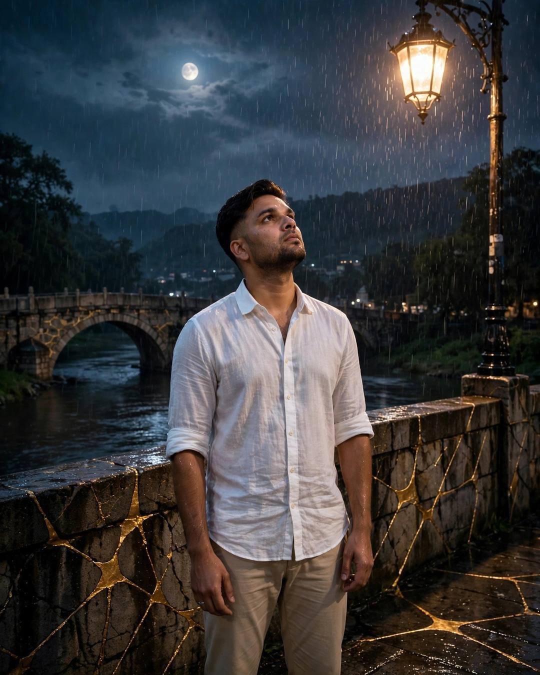Man in white linen shirt on a rainy stone bridge with gold-filled kintsugi cracks, face to the sky