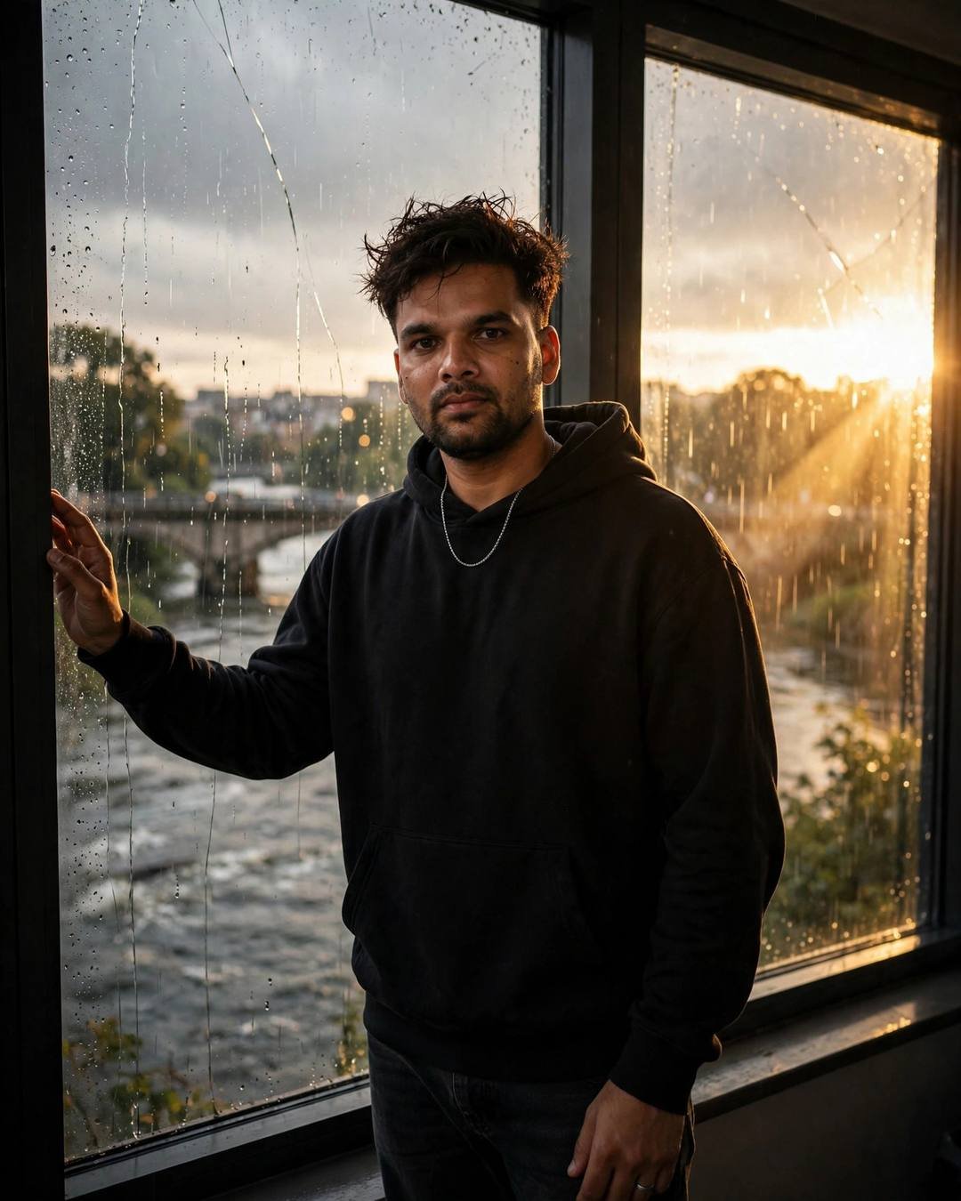 Man in black hoodie with hand on a rain-streaked window overlooking a golden river